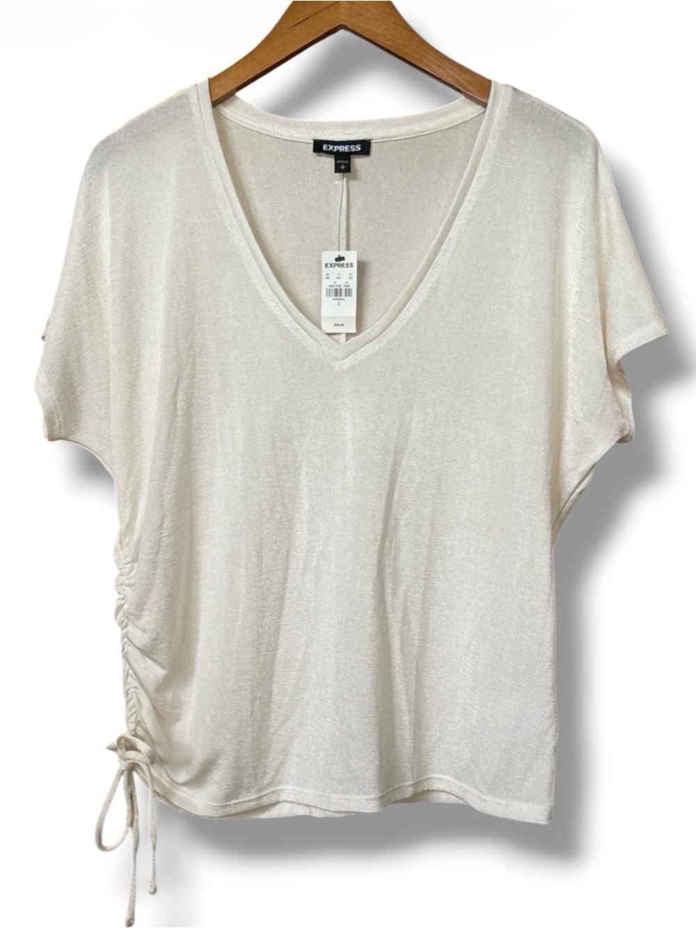 Express Cream V-Neck Short Sleeve Top with Side Drawstring